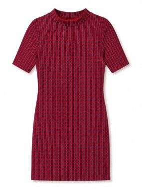 Topshop Red Jacquard Knit Shift Dress Mod Retro Mock Neck Size 10 (UK 10 / US 6)
